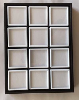 Bra Pris Etui  till ädelstenssamling inklusive 12 st 50x50 mm vit plast box, Svart öppen ram. Storlek på lådan är 230x180 mm Köp Nu!